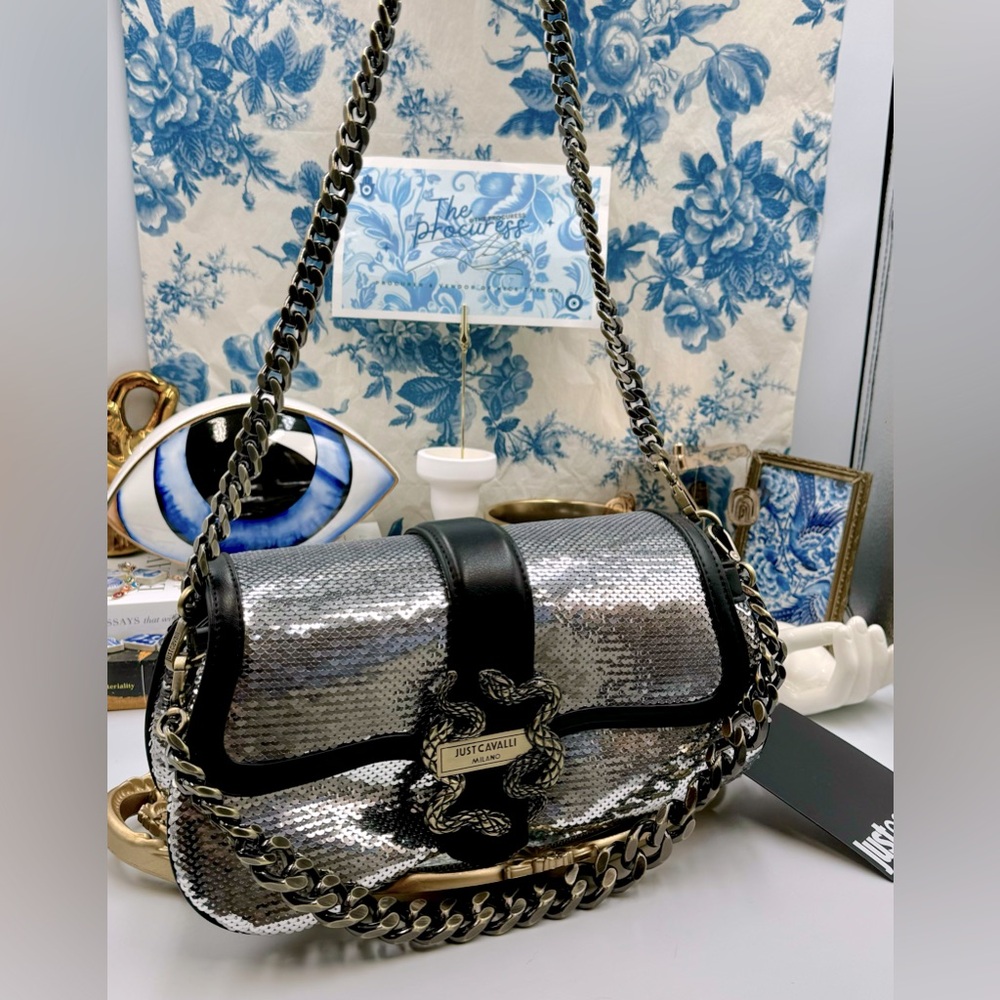 🆕 JUST CAVALLI 🧿 NWT Iconic Snakes Logo-Plaque Sequin Handbag - Picture 2 of 15